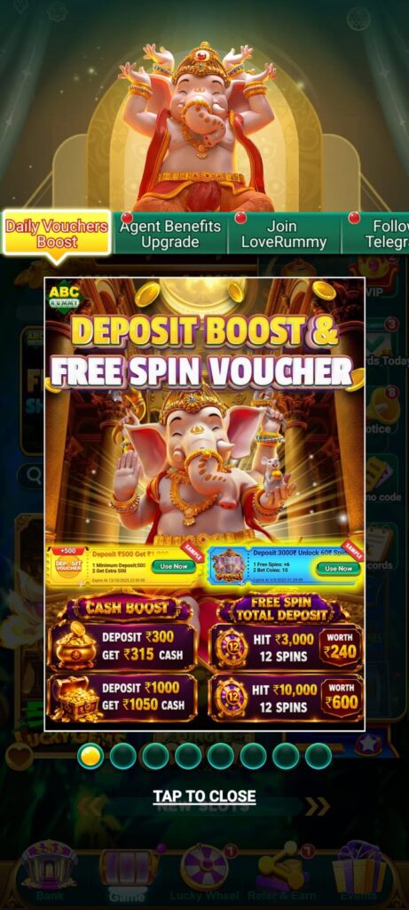 ABC Rummy 101 app homepage showing account login and navigation options